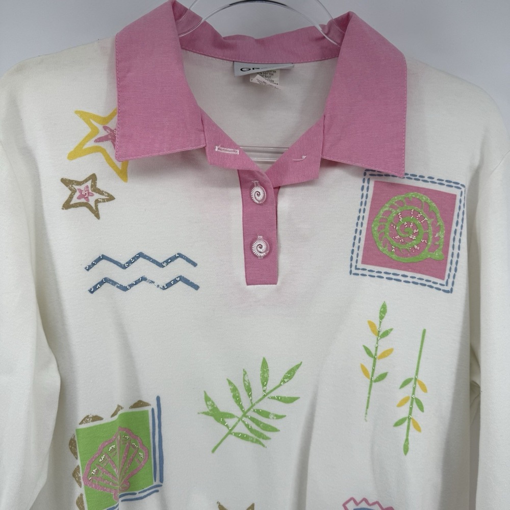 VTG 90s Beach Coastal Preppy White Pink Graff Collared Sweater Top Grandmacore - Picture 9 of 16